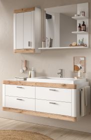 Badmöbel Set mit Waschbecken Laredo in weiß matt und Nox Eiche Landhaus Badkombination hängend 133 cm Badmöbel Set mit Waschbecken Laredo in weiß matt und Nox Eiche Landhaus Badkombination hängend 133 cm