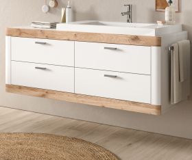 Waschbeckenunterschrank MIT Waschbecken Laredo in weiß matt und Nox Eiche Landhaus Waschtisch hängend 133 cm Waschbeckenunterschrank MIT Waschbecken Laredo in weiß matt und Nox Eiche Landhaus Waschtisch hängend 133 cm