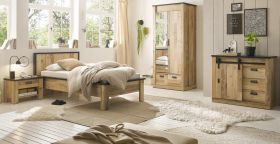 Schlafzimmer Set 4-teilig Stove in Used Wood hell und anthrazit mit Bett, Kleiderschrank, Nachttisch und Kommode Schlafzimmer Set 4-teilig Stove in Used Wood hell und anthrazit mit Bett, Kleiderschrank, Nachttisch und Kommode