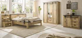 Schlafzimmer Set 5-teilig Stove in Used Wood hell und anthrazit mit Bett, Kleiderschrank, Nachttisch, Wandpaneel und Kommode Schlafzimmer Set 5-teilig Stove in Used Wood hell und anthrazit mit Bett, Kleiderschrank, Nachttisch, Wandpaneel und Kommode
