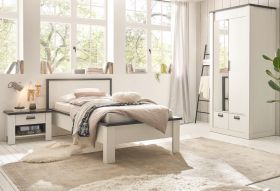 Schlafzimmer Set 3-teilig Stove in weiß Pinie Landhaus mit Einzelbett 90 x 200 cm, Kleiderschrank und Nachttisch Schlafzimmer Set 3-teilig Stove in weiß Pinie Landhaus mit Einzelbett 90 x 200 cm, Kleiderschrank und Nachttisch