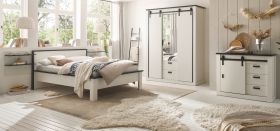 Schlafzimmer Set 5-teilig Stove in weiß Pinie Landhaus mit Bett, Kleiderschrank, 2 x Wandpaneel und Kommode Schlafzimmer Set 5-teilig Stove in weiß Pinie Landhaus mit Bett, Kleiderschrank, 2 x Wandpaneel und Kommode