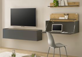 Wohnwand mit Sekretär Center in grau matt und Wotan Eiche Wohnkombination 3-teilig 270 x 170 cm Wohnwand mit Sekretär Center in grau matt und Wotan Eiche Wohnkombination 3-teilig 270 x 170 cm