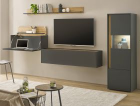 Wohnwand mit Sekretär Center in grau matt und Wotan Eiche Wohnkombination 4-teilig 320 x 170 cm Wohnwand mit Sekretär Center in grau matt und Wotan Eiche Wohnkombination 4-teilig 320 x 170 cm