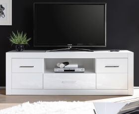 TV-Lowboard Carrara in weiß Hochglanz TV Unterteil in Komforthöhe auf Rollen 180 x 61 cm TV-Lowboard Carrara in weiß Hochglanz TV Unterteil in Komforthöhe auf Rollen 180 x 61 cm