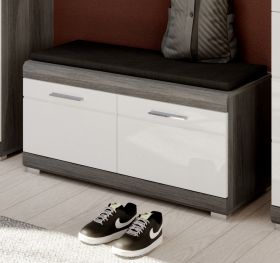 Garderobe Sitzbank Scout in weiß Hochglanz und Rauchsilber grau Garderobenbank 90 x 44 cm Garderobe Sitzbank Scout in weiß Hochglanz und Rauchsilber grau Garderobenbank 90 x 44 cm