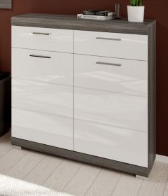 Schuhschrank Scout in weiß Hochglanz und Rauchsilber grau Flur Kommode 90 x 96 cm Schuhschrank Scout in weiß Hochglanz und Rauchsilber grau Flur Kommode 90 x 96 cm