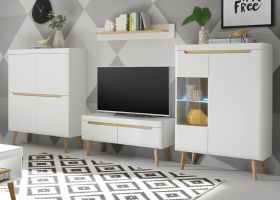 Wohnwand Isgard in weiß matt und Scandi Eiche Wohnkombination skandinavisch 4-teilig 344 cm Wohnwand Isgard in weiß matt und Scandi Eiche Wohnkombination skandinavisch 4-teilig 344 cm