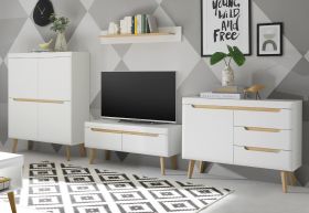 Wohnwand Isgard in weiß matt und Scandi Eiche Wohnkombination skandinavisch 4-teilig 361 cm Wohnwand Isgard in weiß matt und Scandi Eiche Wohnkombination skandinavisch 4-teilig 361 cm