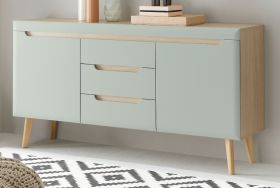 Sideboard Isgard in Pistazie matt und Scandi Eiche Kommode skandinavisch 160 x 83 cm Sideboard Isgard in Pistazie matt und Scandi Eiche Kommode skandinavisch 160 x 83 cm