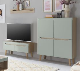 Wohnwand Isgard in Pistazie matt und Scandi Eiche Wohnkombination skandinavisch 3-teilig 234 cm Wohnwand Isgard in Pistazie matt und Scandi Eiche Wohnkombination skandinavisch 3-teilig 234 cm