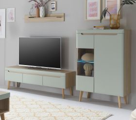 Wohnwand Isgard in Pistazie matt und Scandi Eiche Wohnkombination skandinavisch 3-teilig 270 cm Wohnwand Isgard in Pistazie matt und Scandi Eiche Wohnkombination skandinavisch 3-teilig 270 cm