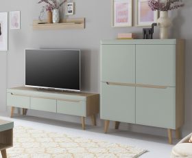 Wohnwand Isgard in Pistazie matt und Scandi Eiche Wohnkombination skandinavisch 3-teilig 287 cm Wohnwand Isgard in Pistazie matt und Scandi Eiche Wohnkombination skandinavisch 3-teilig 287 cm