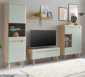 Wohnwand Isgard in Pistazie matt und Scandi Eiche Wohnkombination skandinavisch 4-teilig 290 x 197 cm Wohnwand Isgard in Pistazie matt und Scandi Eiche Wohnkombination skandinavisch 4-teilig 290 x 197 cm