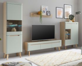 Wohnwand Isgard in Pistazie matt und Scandi Eiche Wohnkombination skandinavisch 4-teilig 343 x 197 cm Wohnwand Isgard in Pistazie matt und Scandi Eiche Wohnkombination skandinavisch 4-teilig 343 x 197 cm
