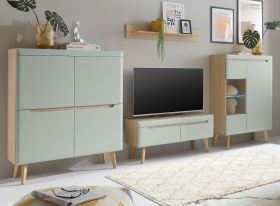 Wohnwand Isgard in Pistazie matt und Scandi Eiche Wohnkombination skandinavisch 4-teilig 344 cm Wohnwand Isgard in Pistazie matt und Scandi Eiche Wohnkombination skandinavisch 4-teilig 344 cm