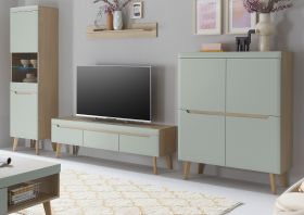 Wohnwand Isgard in Pistazie matt und Scandi Eiche Wohnkombination skandinavisch 4-teilig 360 x 197 cm Wohnwand Isgard in Pistazie matt und Scandi Eiche Wohnkombination skandinavisch 4-teilig 360 x 197 cm