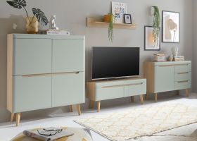 Wohnwand Isgard in Pistazie matt und Scandi Eiche Wohnkombination skandinavisch 4-teilig 361 cm Wohnwand Isgard in Pistazie matt und Scandi Eiche Wohnkombination skandinavisch 4-teilig 361 cm