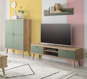 Wohnwand Juna in Salbei und Evoke Eiche Wohnkombination skandinavisch 3-teilig 277 cm Wohnwand Juna in Salbei und Evoke Eiche Wohnkombination skandinavisch 3-teilig 277 cm
