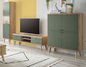 Wohnwand Juna in Salbei und Evoke Eiche Wohnkombination skandinavisch 3-teilig 337 cm Wohnwand Juna in Salbei und Evoke Eiche Wohnkombination skandinavisch 3-teilig 337 cm