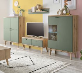 Wohnwand Juna in Salbei und Evoke Eiche Wohnkombination skandinavisch 4-teilig 324 cm Wohnwand Juna in Salbei und Evoke Eiche Wohnkombination skandinavisch 4-teilig 324 cm
