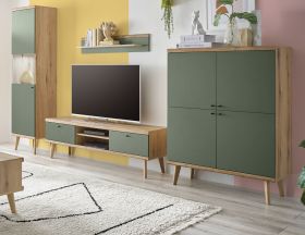 Wohnwand Juna in Salbei und Evoke Eiche Wohnkombination skandinavisch 4-teilig 337 cm Wohnwand Juna in Salbei und Evoke Eiche Wohnkombination skandinavisch 4-teilig 337 cm