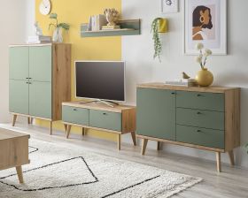 Wohnwand Juna in Salbei und Evoke Eiche Wohnkombination skandinavisch 4-teilig 341 cm Wohnwand Juna in Salbei und Evoke Eiche Wohnkombination skandinavisch 4-teilig 341 cm