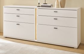 Sideboard Bellport in weiß matt und Wotan Eiche Kommode inklusive Frontbeleuchtung 200 cm Sideboard Bellport in weiß matt und Wotan Eiche Kommode inklusive Frontbeleuchtung 200 cm