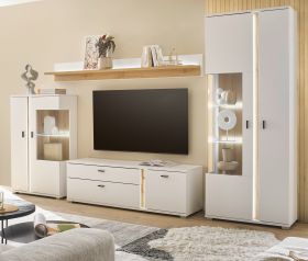 Wohnwand Bellport in weiß matt und Wotan Eiche Wohnkombination inklusive Frontbeleuchtung 330 x 200 Wohnwand Bellport in weiß matt und Wotan Eiche Wohnkombination inklusive Frontbeleuchtung 330 x 200