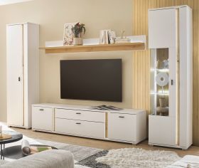 Wohnwand Bellport in weiß matt und Wotan Eiche Wohnkombination inklusive Frontbeleuchtung 330 x 200 Wohnwand Bellport in weiß matt und Wotan Eiche Wohnkombination inklusive Frontbeleuchtung 330 x 200