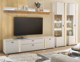 Wohnwand Bellport in weiß matt und Wotan Eiche Wohnkombination inklusive Frontbeleuchtung 330 x 200 Wohnwand Bellport in weiß matt und Wotan Eiche Wohnkombination inklusive Frontbeleuchtung 330 x 200