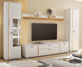 Wohnwand Bellport in weiß matt und Wotan Eiche Wohnkombination inklusive Frontbeleuchtung 330 x 200 Wohnwand Bellport in weiß matt und Wotan Eiche Wohnkombination inklusive Frontbeleuchtung 330 x 200