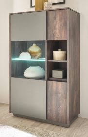 Vitrine Piano in Thermo Eiche und grau Highboard mit Soft-Close 80 x 130 cm Vitrine Piano in Thermo Eiche und grau Highboard mit Soft-Close 80 x 130 cm