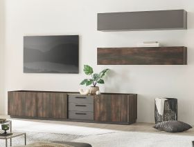 Wohnwand Piano in Thermo Eiche und grau Set 3-teilig mit XXL TV-Lowboard und Soft-Close Wohnwand Piano in Thermo Eiche und grau Set 3-teilig mit XXL TV-Lowboard und Soft-Close