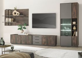 Wohnwand Piano in Thermo Eiche und grau Set 3-teilig mit XXL TV-Lowboard und Soft-Close Wohnwand Piano in Thermo Eiche und grau Set 3-teilig mit XXL TV-Lowboard und Soft-Close