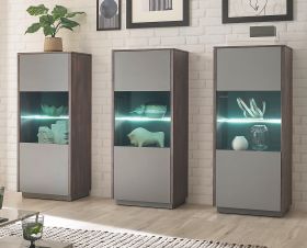 Schrank Set 3-teilig Piano in Thermo Eiche und grau Wohnkombination 3 x Vitrine mit Soft-Close Schrank Set 3-teilig Piano in Thermo Eiche und grau Wohnkombination 3 x Vitrine mit Soft-Close